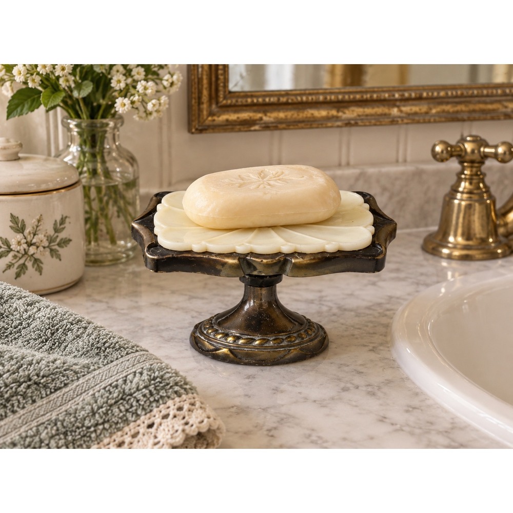 Vintage Pedestal Soap Dish Brass Tone Metal Cream Floral Vanity Bathroom Decor
